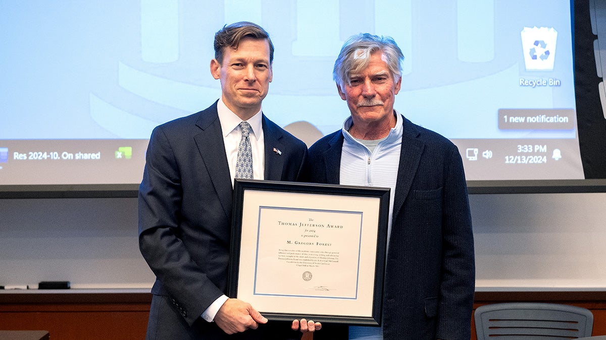 UNC's tweet card. The applied mathematics professor stressed the importance of community in accepting the honor Dec. 13.