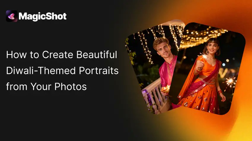 MagicShot_ai's tweet card. Learn how to turn your photos into stunning Diwali-themed portraits using MagicShot’s AI image editor. Fast, easy, and festive.