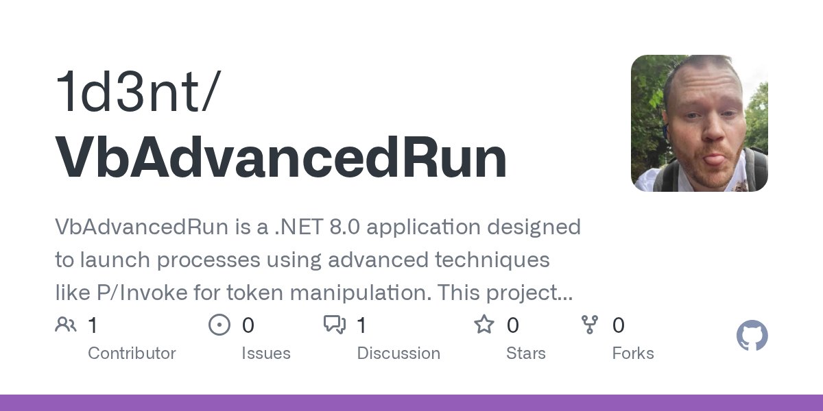 1d3nt's tweet card. VbAdvancedRun is a .NET 8.0 application designed to launch processes using advanced techniques like P/Invoke for token manipulation. This project serves as a central hub for managing and executing ...
