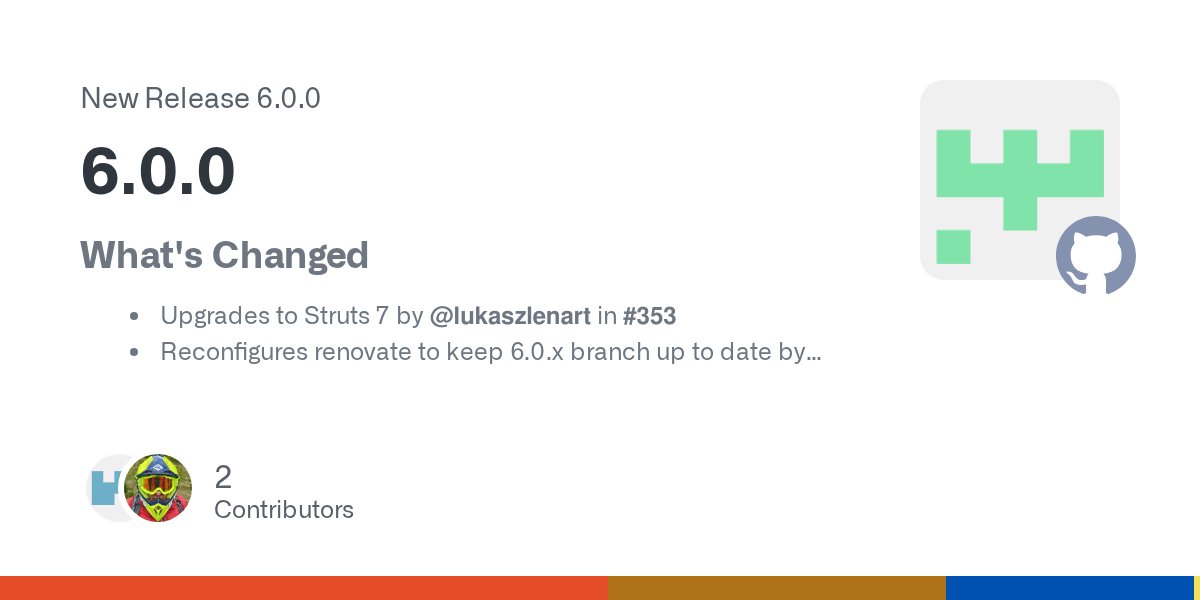 lukaszlenart's tweet card. What's Changed Upgrades to Struts 7 by @lukaszlenart in #353 Reconfigures renovate to keep 6.0.x branch up to date by @lukaszlenart in #357 Update log4j2 monorepo to v2.24.3 (release/5.0.x) by...