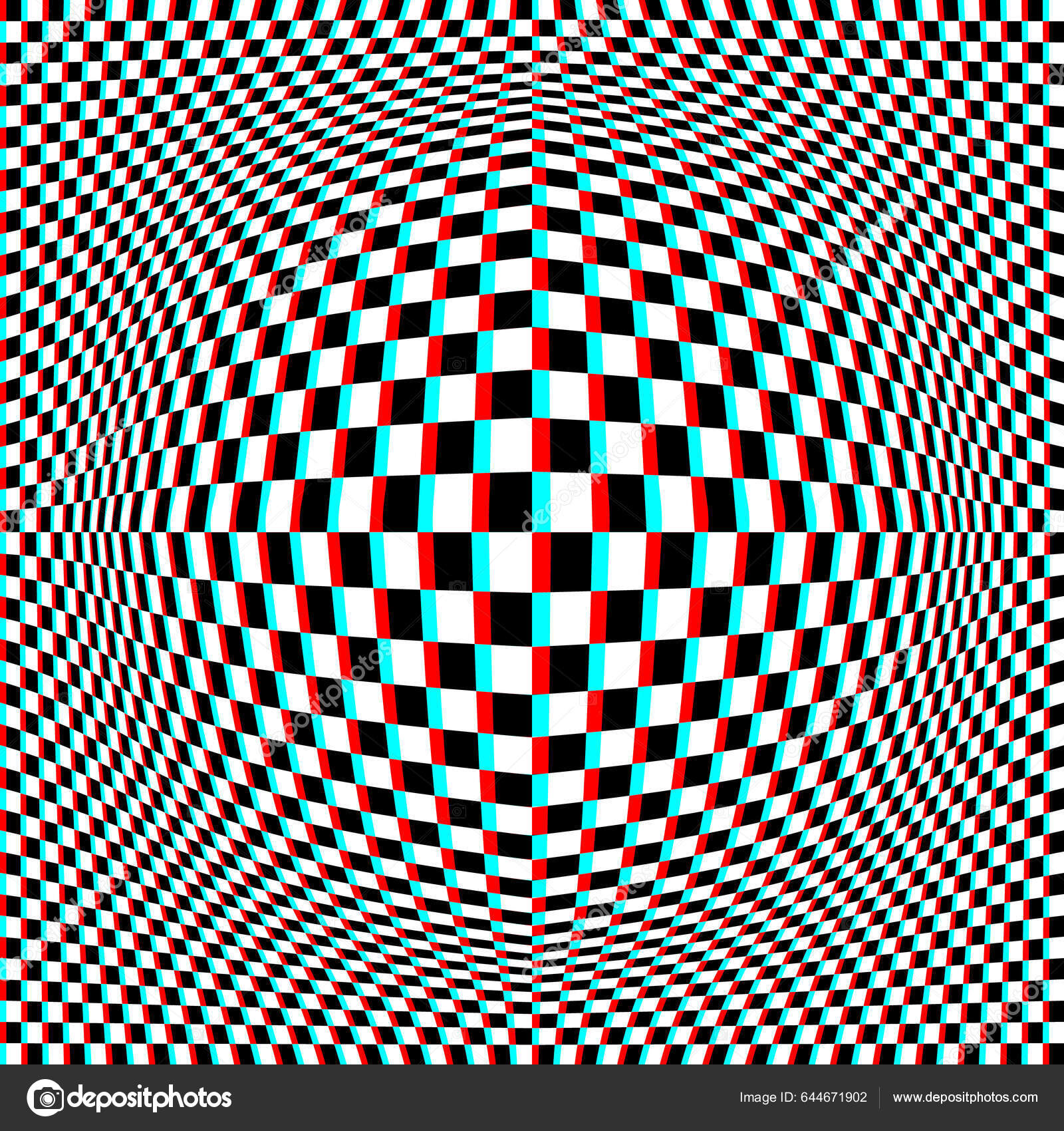 yurrey_p's tweet card. Optical art round bubble of white black and cyan red checkered pattern in anaglyph style. Psychedelic distorted square chess background design.