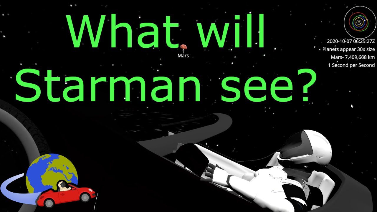 whereisroadster's tweet card. Starman and Tesla Roadster Simulated View through space- February...
