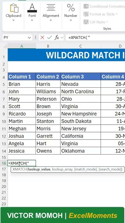 VicmoExcel's tweet card. Wildcard Match - what column contains an "@" #shorts