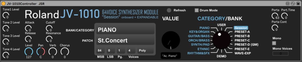 joeysample_'s tweet card. This is a custom Max for Live patch to control the Roland JV-1010 multi-timbral synthesizer through Ableton. The GUI emulates the physical synth's Value and Category/Bank front panel knobs for brow...