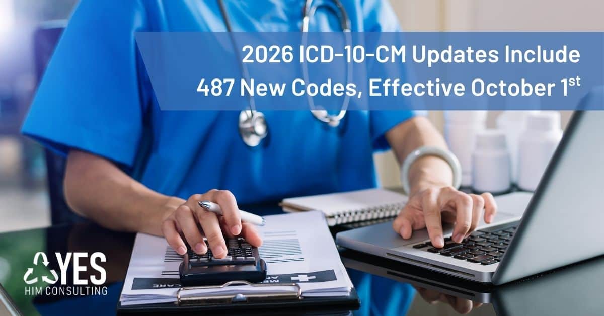 YesHIMconsult's tweet card. The 2026 ICD-10-CM updates include 487 new codes and guideline changes. Most of the new codes were added to Chapters 12 and 19.
