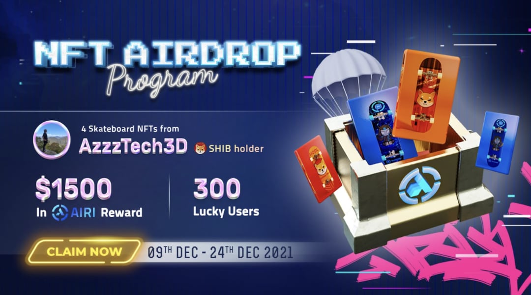 aiRight_io's tweet card. To celebrate the SHIBA, ORAI and AIRI holders on ETH and BSC now, we run an NFT x AIRI airdrop program with $1500 reward pools for participants. Note: The selected winners must complete all below...
