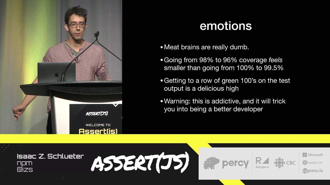 izs's tweet card. Assert(js) 2019: Isaac Schlueter (npm) - 99% is not enough - full...