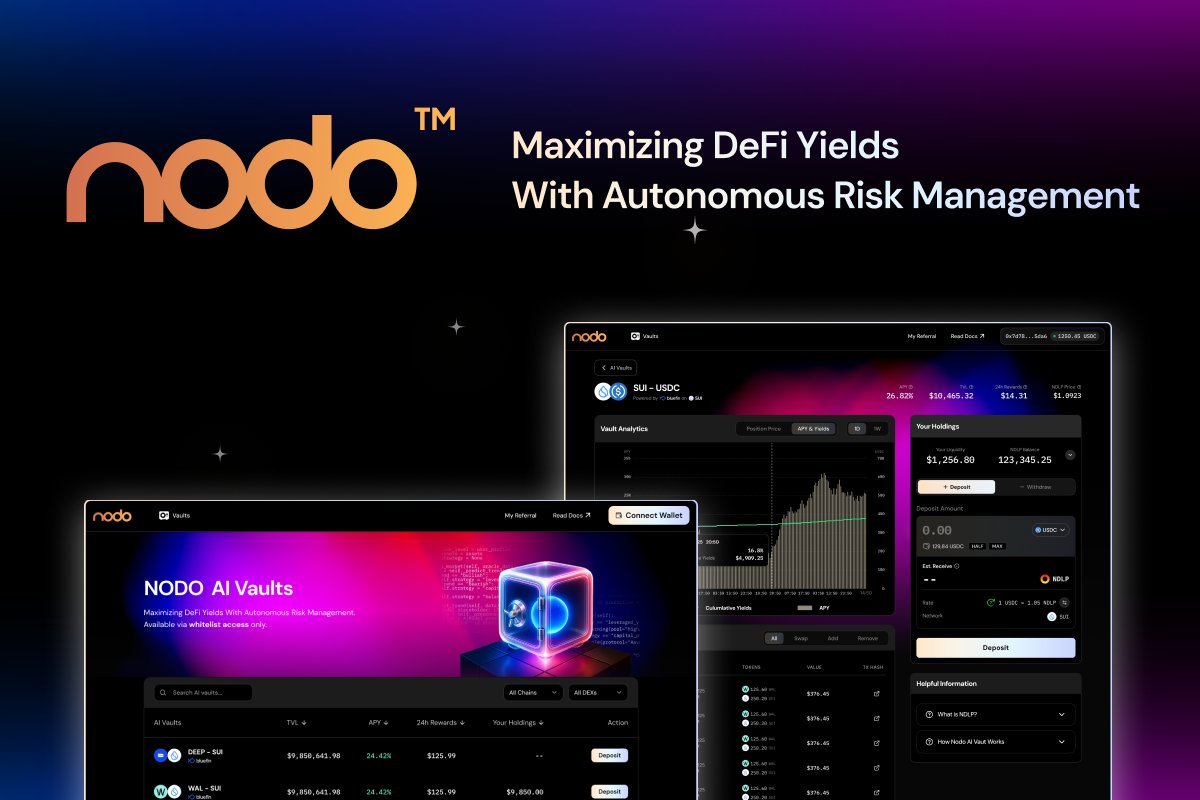 Official_NODO's tweet card. AI-powered vaults maximizing returns with smart risk management