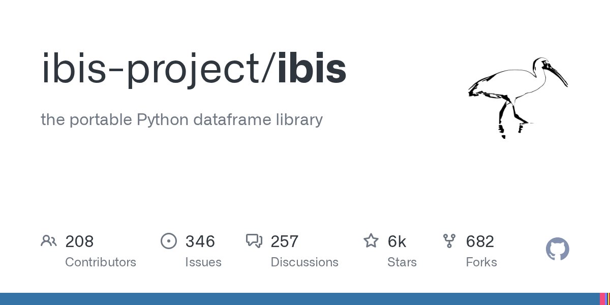 IbisData's tweet card. the portable Python dataframe library. Contribute to ibis-project/ibis development by creating an account on GitHub.
