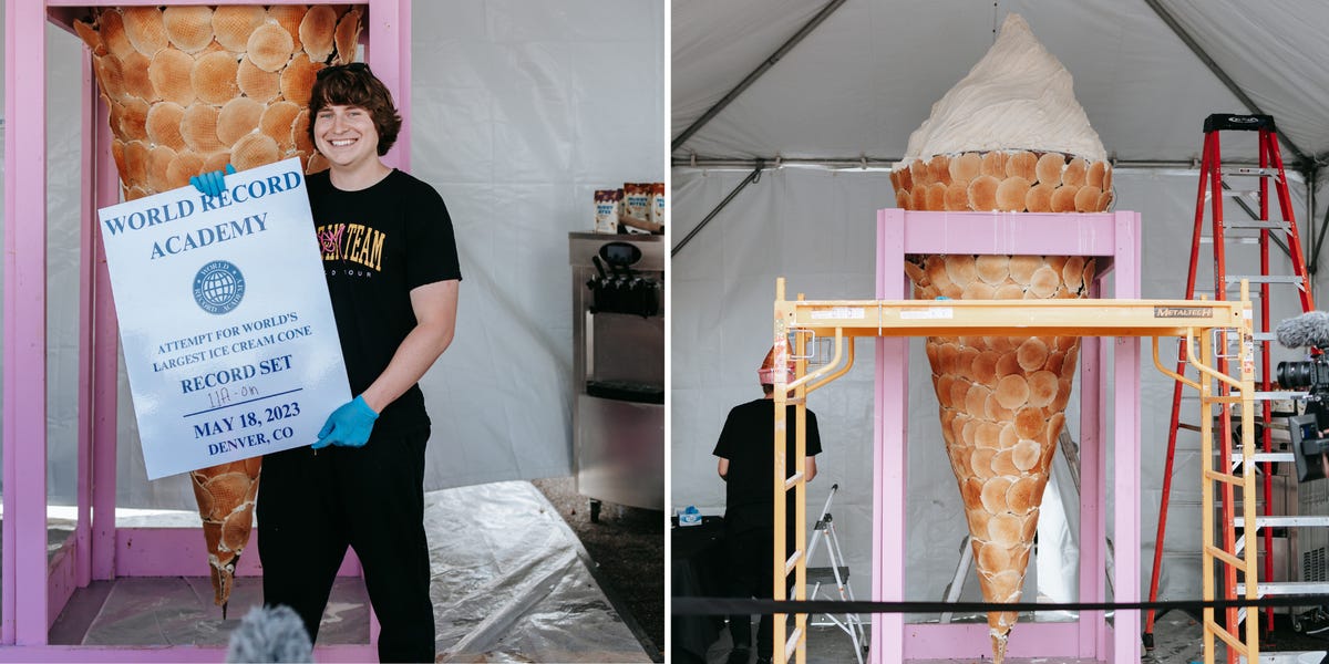 tyler_devos's tweet card. Matthew Beem has broken the world record for the largest ice cream cone, using 1,000 pounds of ice cream that literally melted as he put it together.