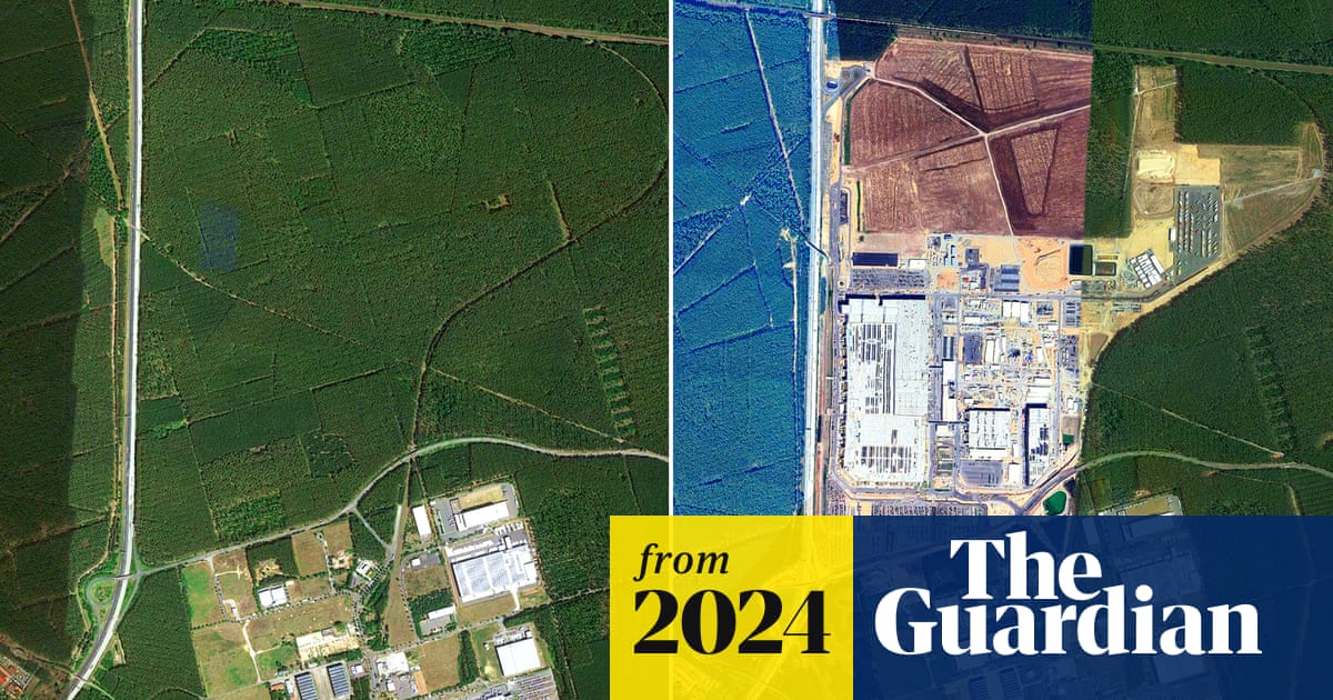 CdnNatureSci's tweet card. Satellite image analysis shows 329 hectares of forest cleared during development of factory in Germany