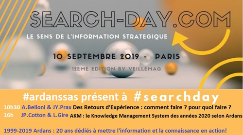 ardanssas's tweet card. Ardans le leader français indépendant du Knowledge Management propose un rendez-vous pour traiter des ressources d'expérience lors de Search-Day, le mardi 10 septembre 2019