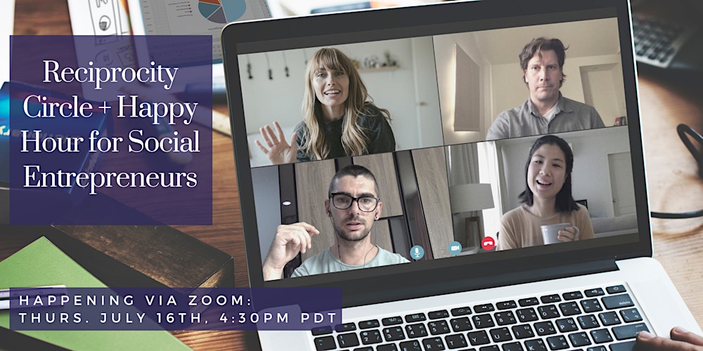 SEASFBAY's tweet card. Get ready to cheer, share, and receive at our Virtual Reciprocity Circle + Happy Hour focused on Social Enterprise and Business for Good.