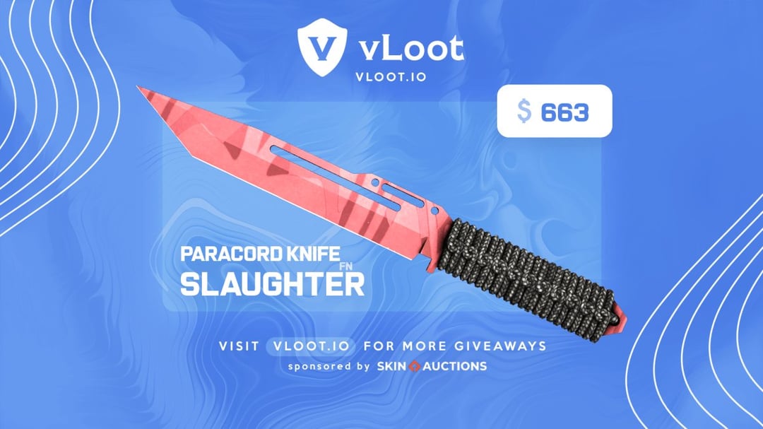 TimeAndReality's tweet card. Hey everyone, today a lucky winner has the chance to win a Paracord Slaughter on vLoot.io! Make sure to complete all the entries to unlock a very powerful bonus entry! Big thanks to SkinAuctions for...