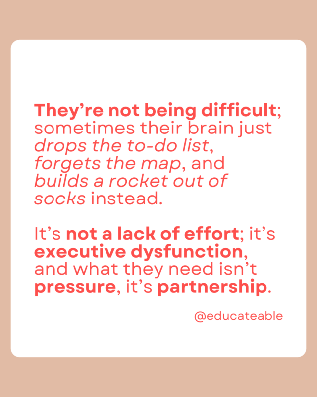 EducateAble's tweet card. Why telling neurodivergent kids to “just try harder” misses the mark and what truly helps when executive dysfunction gets in the way.