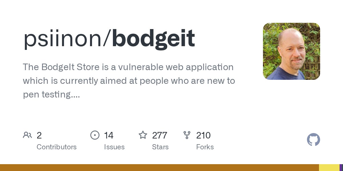 laprovittera's tweet card. The BodgeIt Store is a vulnerable web application which is currently aimed at people who are new to pen testing. - GitHub - psiinon/bodgeit: The BodgeIt Store is a vulnerable web application which...
