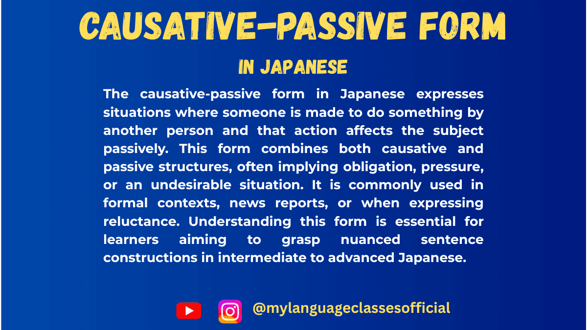 learnwithmlc's tweet card. Master the Japanese causative-passive form with verb charts, usage tips, and real-life examples. Learn to express forced actions clearly.