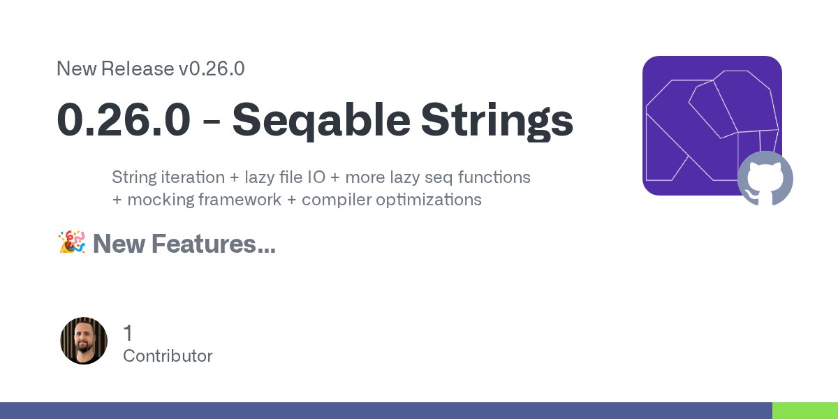 phel_lang's tweet card. String iteration + lazy file IO + more lazy seq functions + mocking framework + compiler optimizations 🎉 New Features String Iteration & UTF-8 Support Basic string iteration support (#1047) S...