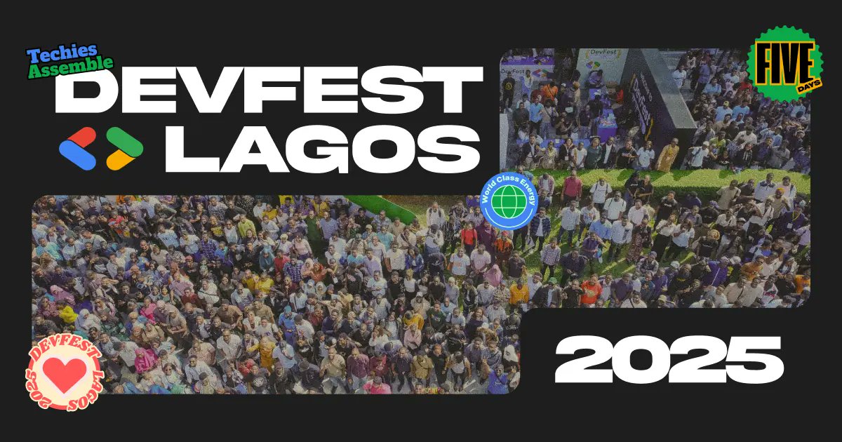 The_Florencee's tweet card. Explore 5 epic days of tech: AI, Cloud, DevOps, Mobile, and Web development at DevFest Lagos 2025. Featuring workshops, hackathons, and expert speakers.