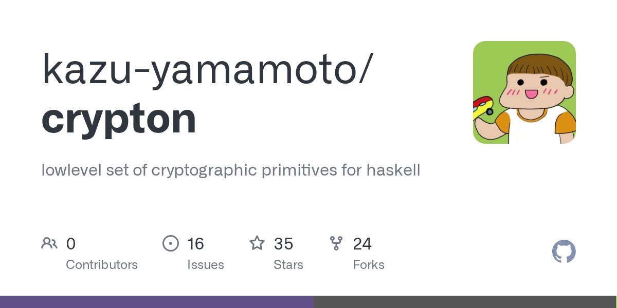 HaskellLibHunt's tweet card. lowlevel set of cryptographic primitives for haskell - kazu-yamamoto/crypton
