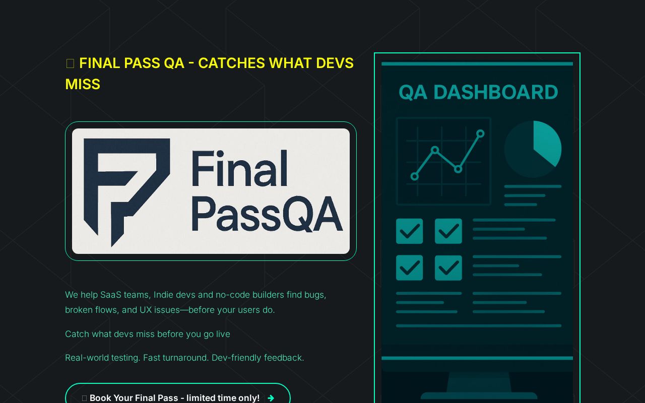 FinalPassQA's tweet card. QA testing for startups, SaaS teams & no-code projects. Real-device testing, bug hunting & UX reviews so you launch bug-free