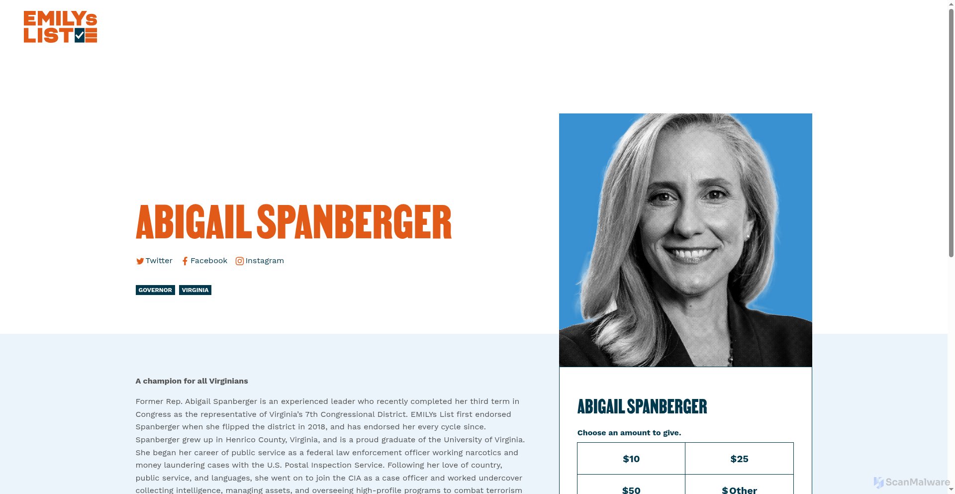 scanmalware's tweet card. ✅ Low Risk - https://emilyslist.org/candidate/abigail-spanberger/