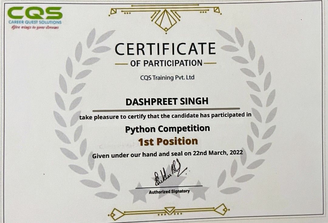 reallkunalsingh's tweet card. 1st place in PYTHON COMPETITION 💐 #python #pythoncompetition #datascience #artificialintelligence #machinelearning #deeplearning #byldgroup CQS Training Private Limited CQS Training Pvt. Ltd....