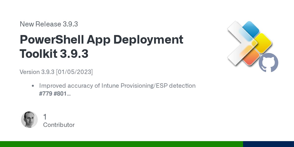 seanels's tweet card. Version 3.9.3 [01/05/2023] Improved accuracy of Intune Provisioning/ESP detection #779 #801 Resolved an issue where Show-InstallationRestartPrompt would not work with -NoSilentRestart $false #785 ...