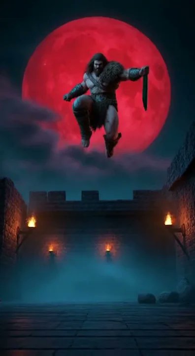 mikezmac's tweet card. Cinematic fantasy short film. A towering, muscular barbarian warrior with a rugged face and long dark hair leaps down from the top of a crumbling stone fortress into a torch-lit courtyard. He lands...