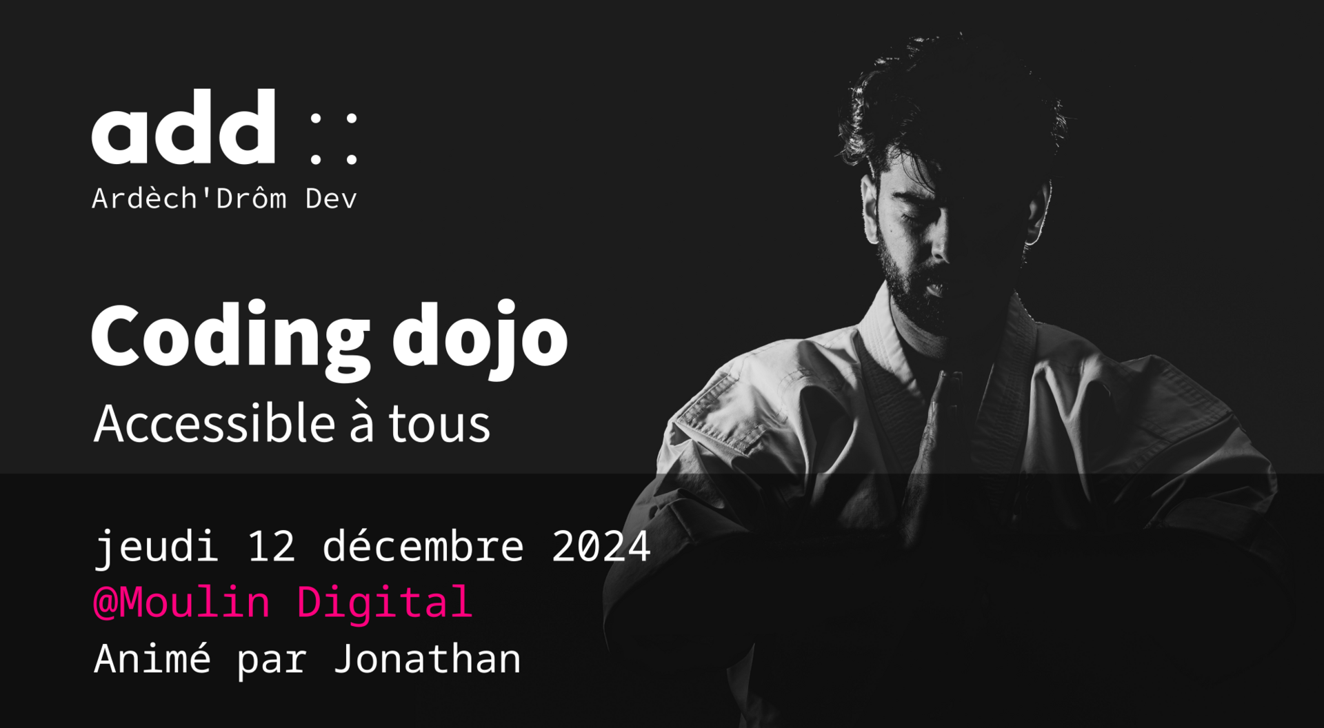 ArdechDromDev's tweet card. 12 déc. 2024, 19:00:00 - GMT+1 - Le Moulin Digital, 26300, Alixan, France - Viens affuter tes techniques de développement en participant au coding dojo Ardèch'Drôm Dev. Peu importe ton niveau, si le...