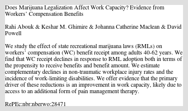 seanamulcahy's tweet card. We study the effect of state recreational marijuana laws (RMLs) on workers’ compensation (WC) benefit receipt among adults 40-62 years. We find that WC receipt declines in response to RML adoption bot