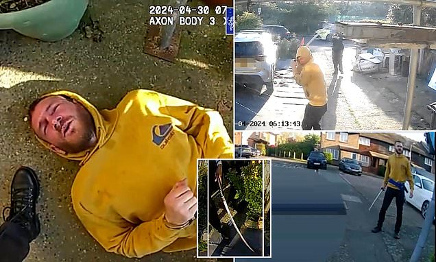 MPFed's tweet card. This is the horrifying moment police officers were attacked by a man with a sword, in footage which was shown to the jury at the Daniel Anjorin murder trial. 