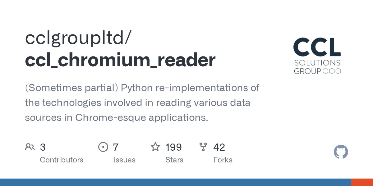 kviddy's tweet card. (Sometimes partial) Python re-implementations of the technologies involved in reading various data sources in Chrome-esque applications. - cclgroupltd/ccl_chromium_reader