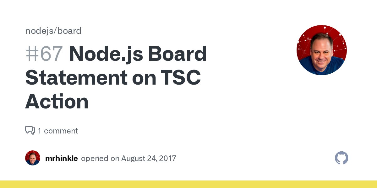JavaScriptDaily's tweet card. Earlier this week, the Technical Steering Committee (TSC) announced the results of a vote to remove a member from the TSC based on a pattern of behavior, summarized in nodejs/TSC#310. The vote aske...