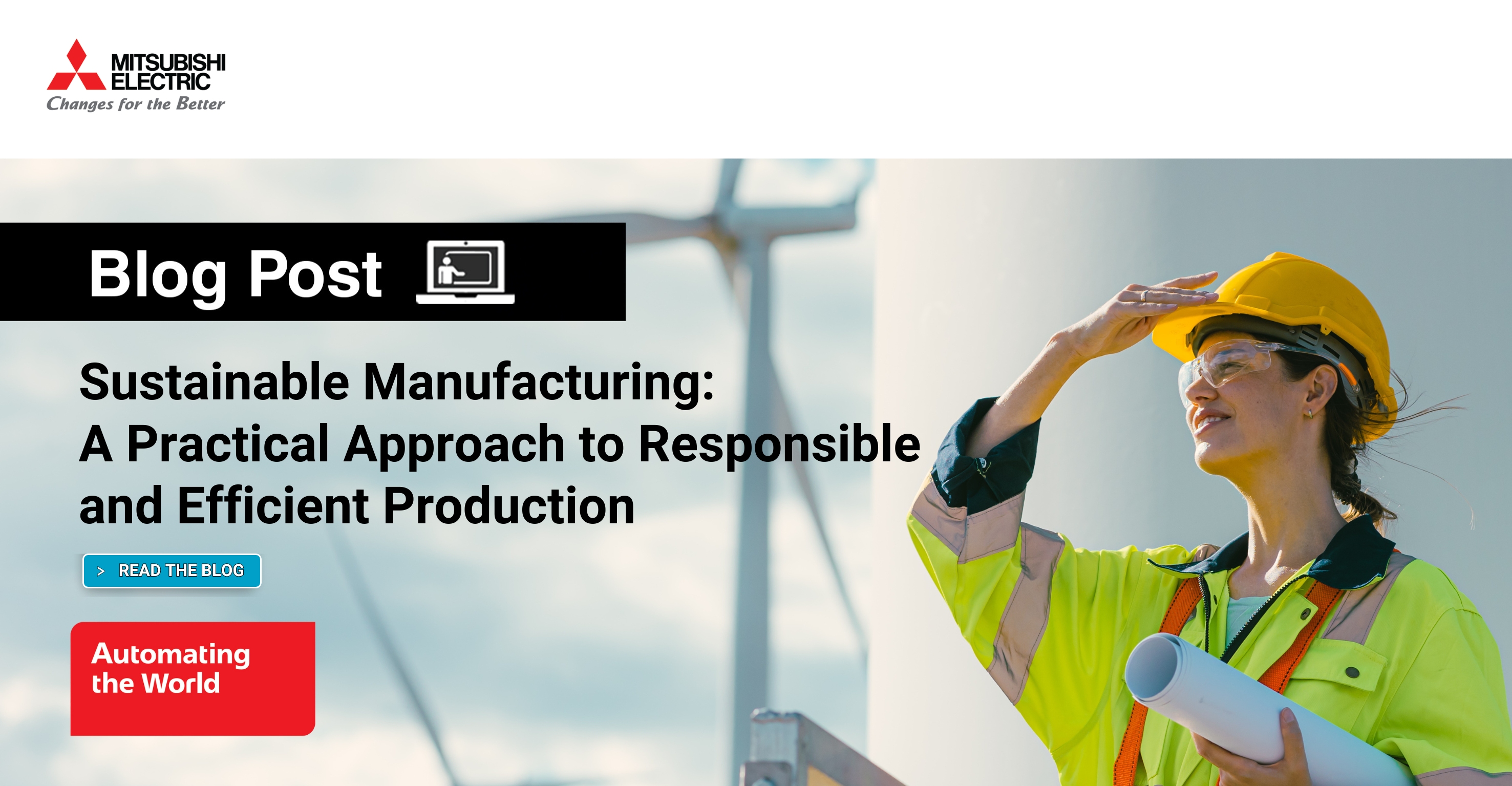 MitsubishiElect's tweet card. Learn how to manufacture more sustainably with product and technologies to help lower carbon emissions.