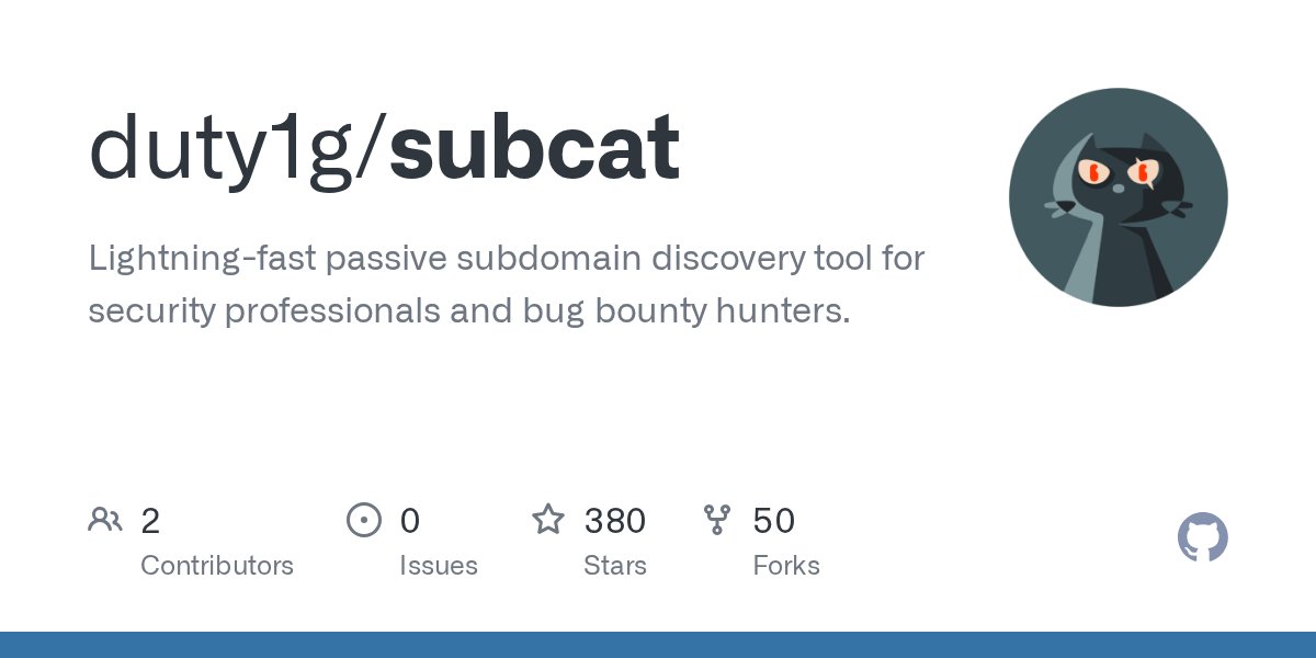 Cyberwald_talks's tweet card. Lightning-fast passive subdomain discovery tool for security professionals and bug bounty hunters. - duty1g/subcat