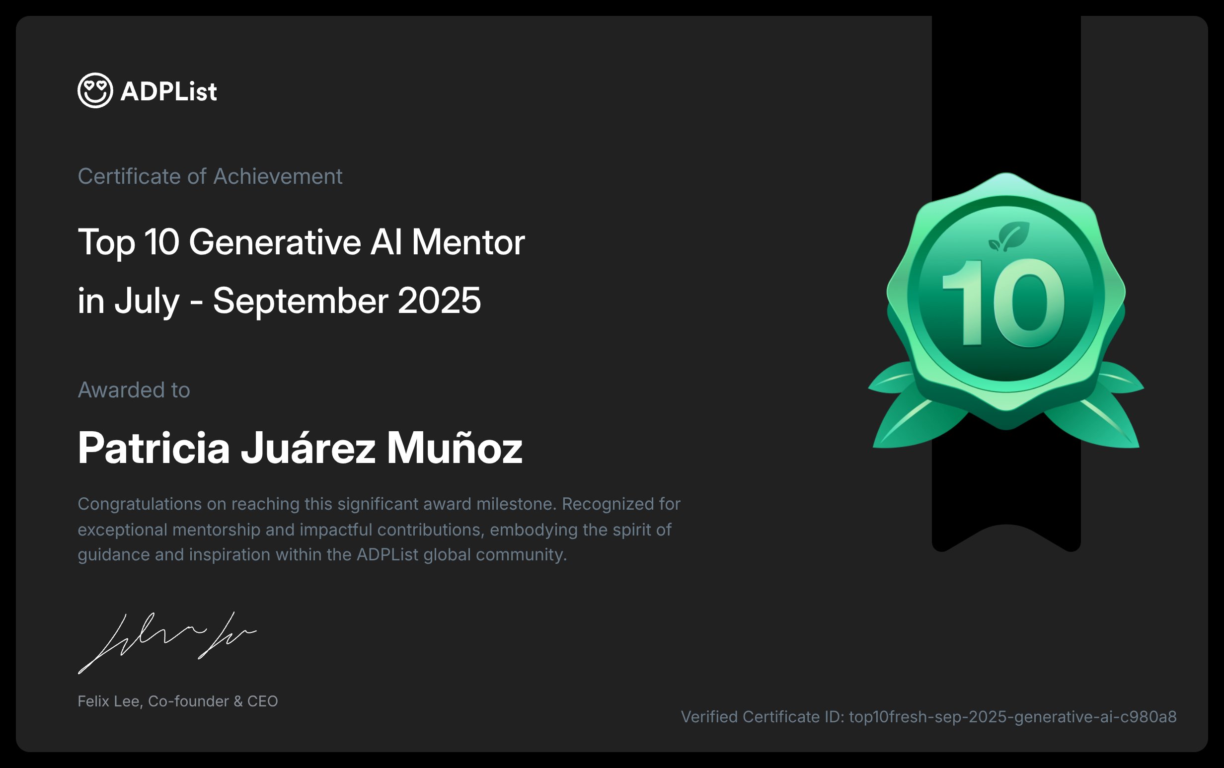 ccsakuweb's tweet card. Patricia Juárez Muñoz is awarded for Top 10 Mentor in Generative AI