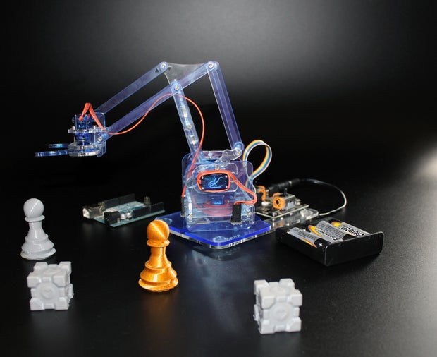 MeArmTM's tweet card. Pocket Sized Robot Arm - MeArm V3.0 - Small, Hackable, Open Source: The MeArm is a Pocket Sized Robot Arm. It is a project started in February 2014, and the long journey to its present state is...