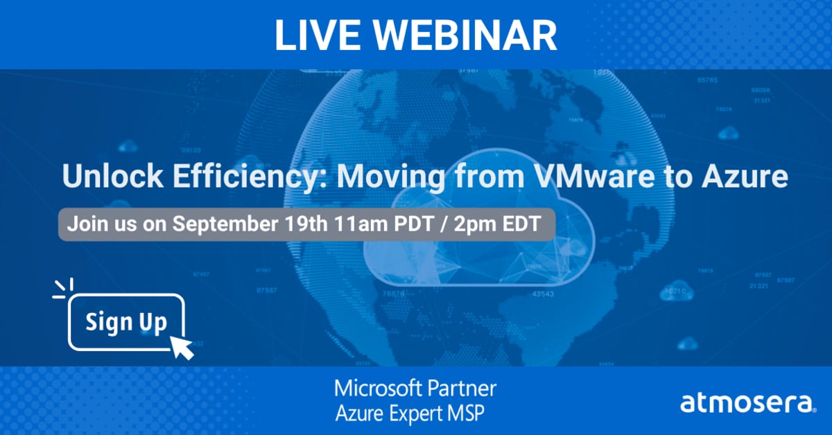 Atmosera's tweet card. Unlock Efficiency: Moving from VMware to Azure for Long Term Cost Savings and Scalability