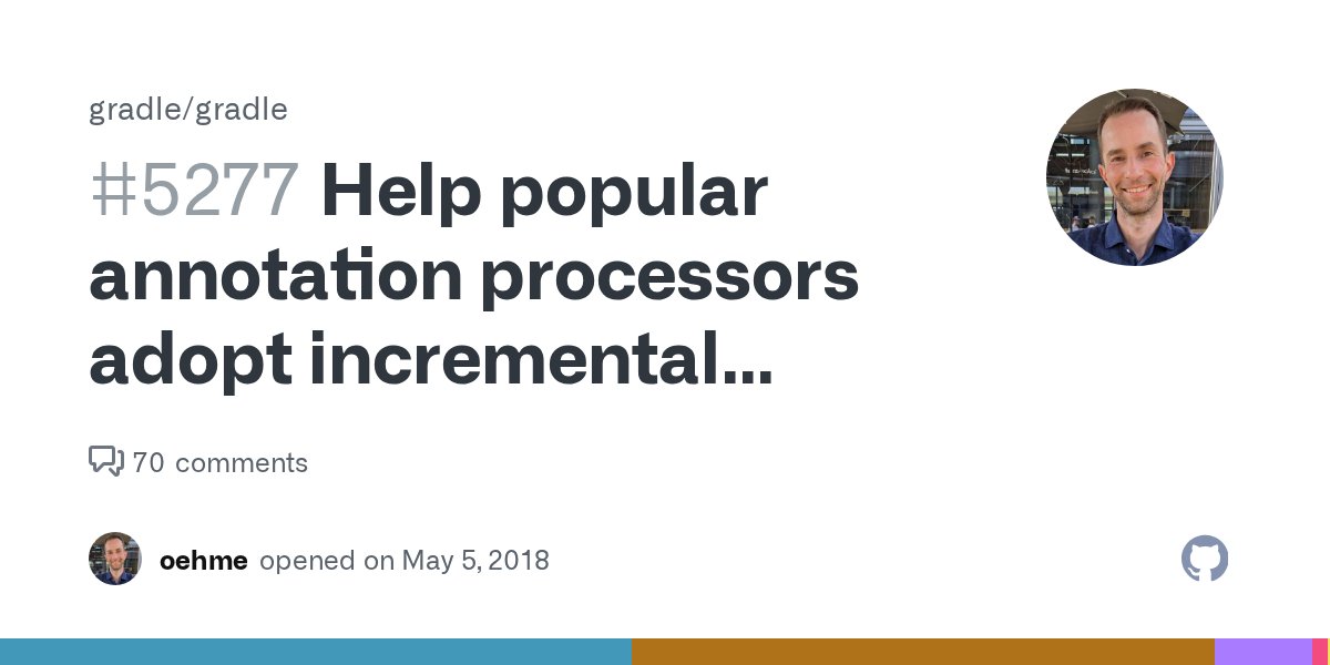 pjakubczyk's tweet card. Please submit PRs to update the list of annotation processors that support incremental annotation processing: https://github.com/gradle/gradle/blob/master/subprojects/docs/src/docs/userguide/java_p...