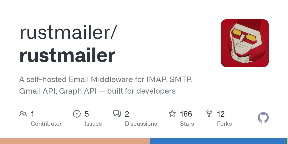 rustmailer's tweet card. A self-hosted Email Middleware for IMAP, SMTP, Gmail API, Graph API — built for developers - rustmailer/rustmailer