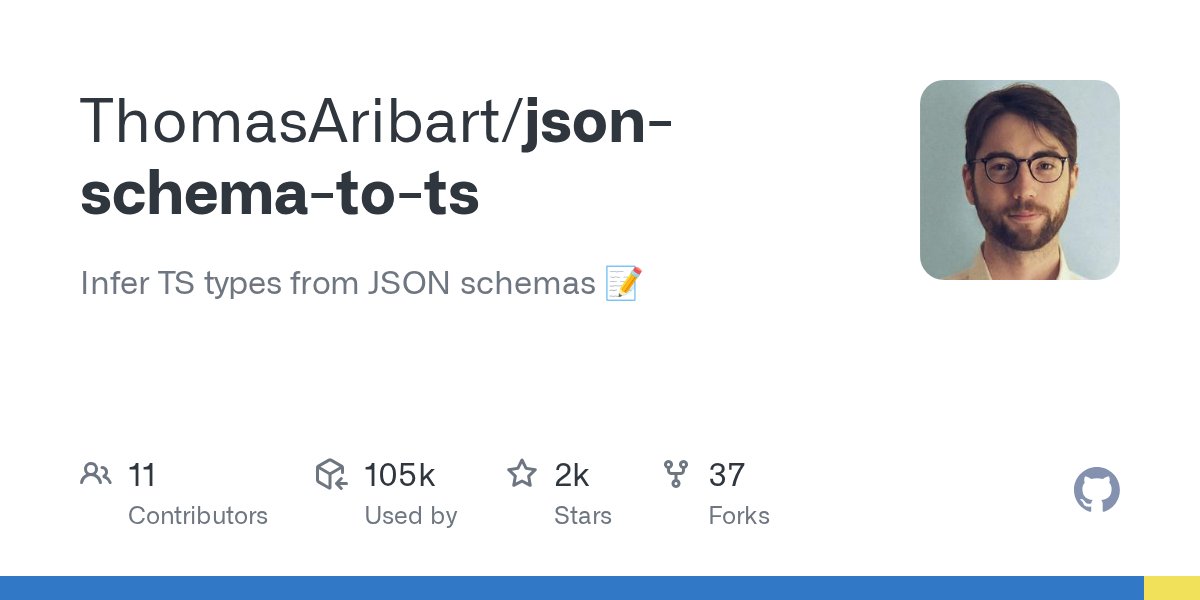 AribartT's tweet card. Infer TS types from JSON schemas 📝. Contribute to ThomasAribart/json-schema-to-ts development by creating an account on GitHub.
