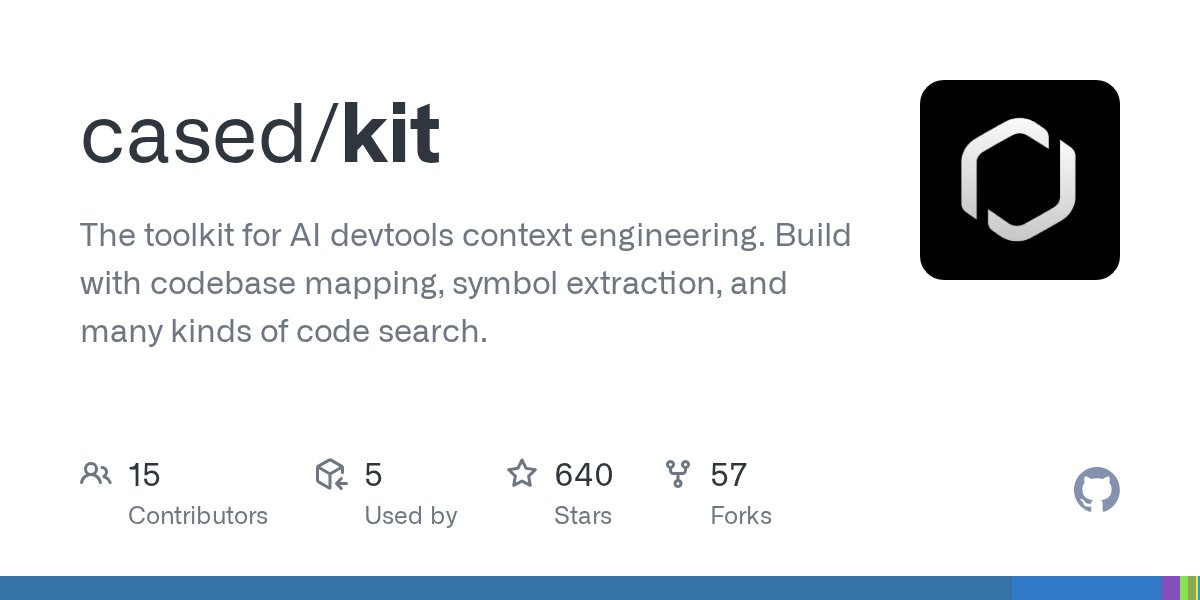 tnm's tweet card. The toolkit for AI devtools context engineering. Build with codebase mapping, symbol extraction, and many kinds of code search. - cased/kit
