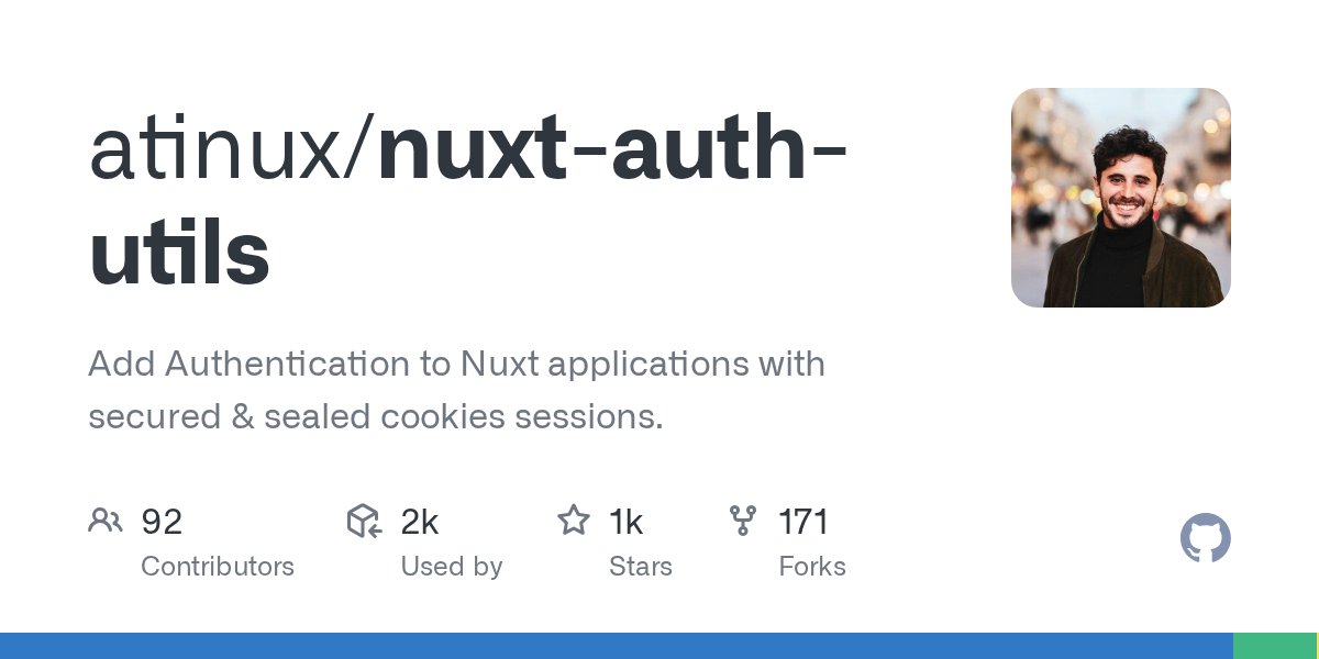 Atinux's tweet card. Add Authentication to Nuxt applications with secured & sealed cookies sessions. - atinux/nuxt-auth-utils