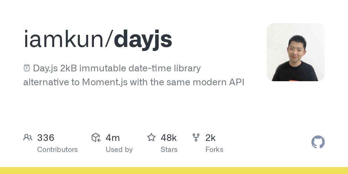 JavaScript30000's tweet card. ⏰ Day.js 2kB immutable date-time library alternative to Moment.js with the same modern API - iamkun/dayjs