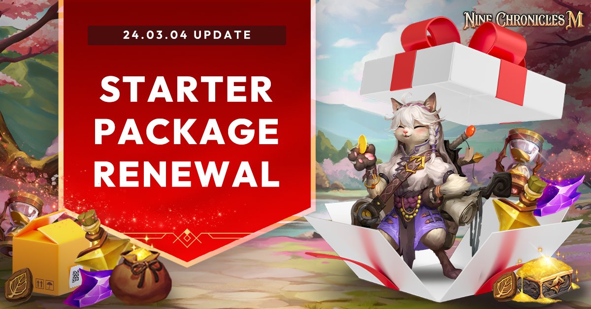 NineChronicles's tweet card. [9CM]🔄Starter Package Renewal [ 🔄 Starter Package Renewal ] The Starter Package has returned with a renewed look. This product will be available for sale from 24/03/04 until further notice …