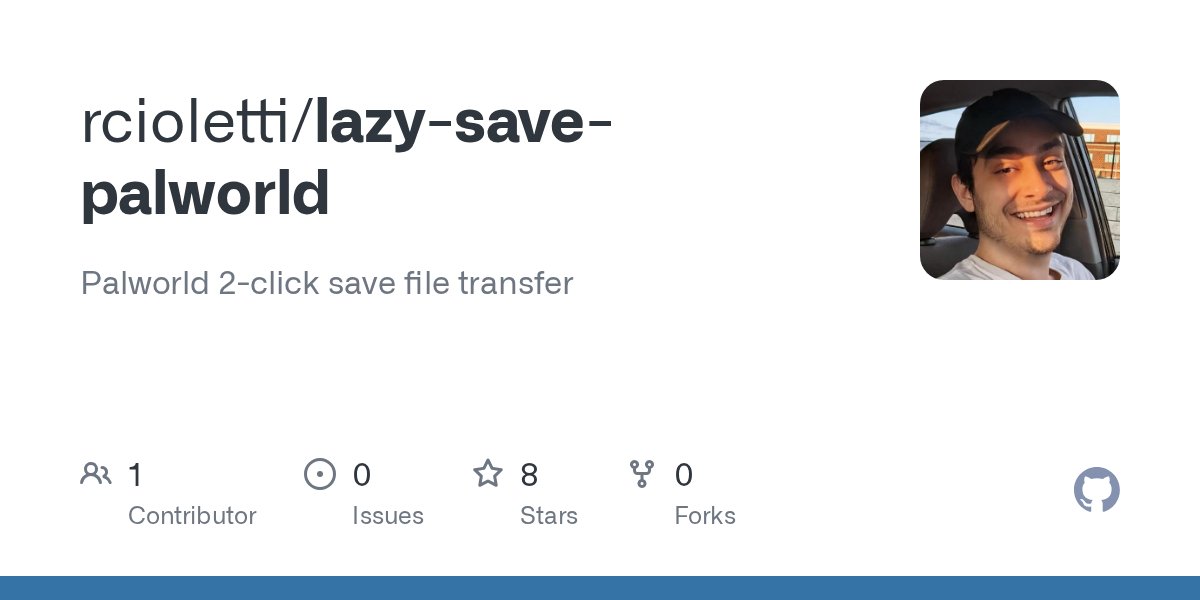 lazycs2's tweet card. Palworld 2-click save file transfer. Contribute to rcioletti/lazy-save-palworld development by creating an account on GitHub.