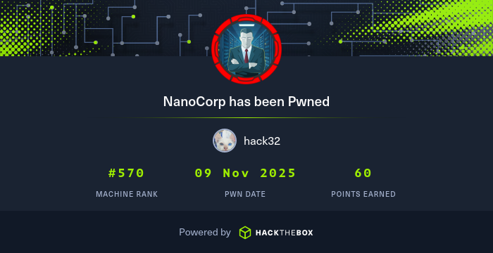 Hack32_'s tweet card. I have just owned machine NanoCorp from Hack The Box