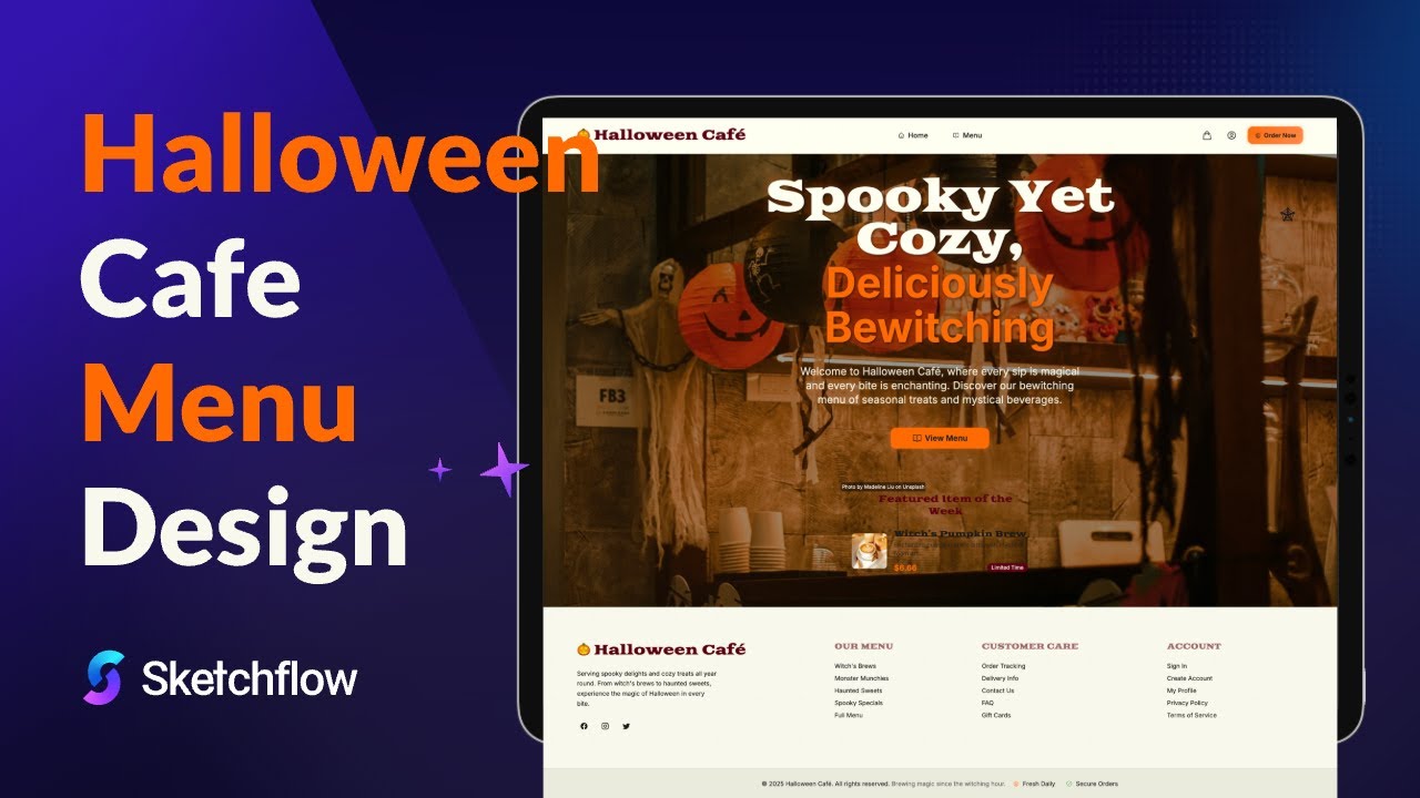 sketchflow_ai's tweet card. 🎃 Can AI design a Halloween-themed café menu for me?