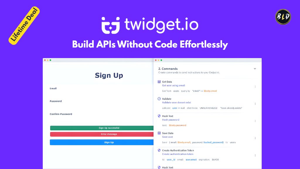 BLifetimeDeal's tweet card. Unlock the Twidget io Lifetime Deal! Build no-code apps effortlessly. Transform ideas into powerful applications without writing a single line.